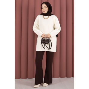 เสื้อทูนิคไหมพรมคอกลมสีครีมแบบลำลองสำหรับฤดูหนาวลายพิมพ์ - Product Image 1