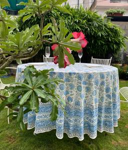 Nappe de salle à manger indienne Design main bloc imprimé 100% coton asperges vert Air Force bleu pour événements nappe ronde - Product Image 5