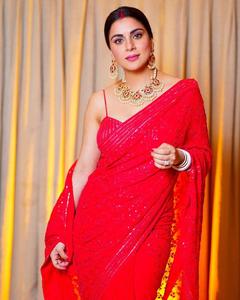 Indian Ethnic Outfit Wedding Party Wear Georgette <b>Red</b> Saree With Sequence Embroidery Work & Lace Export Quality Supplier India - Product Image 4