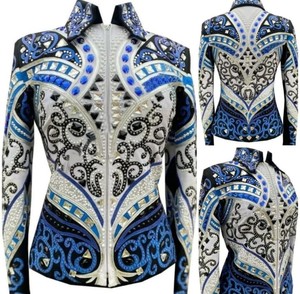 Logo personnalisé du fabricant veste de spectacle western d'équitation blanche bleue avec culotte confortable en cuir spandex - Product Image 2