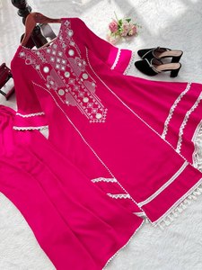 Cómodo y elegante conjunto de Kurti y Plazo de 2 piezas hecho con tela transpirable para mujeres que buscan Ropa Étnica para oficina y fiestas - Product Image 3