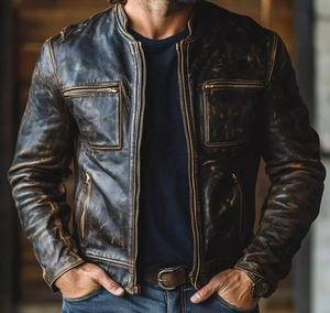 Veste de motard en cuir vieilli de haute qualité pour hommes, style rétro, café racer, moto, cuir de vache, fermeture éclair, vêtements de rue, vestes élégantes - Product Image 5