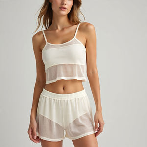 ชุดเสื้อผ้าสองชิ้นเสื้อครอปและกางเกงขาสั้นสุดเซ็กซี่สำหรับผู้หญิงชุดออกกำลังกายผ้าตาข่ายโปร่ง - Product Image 3