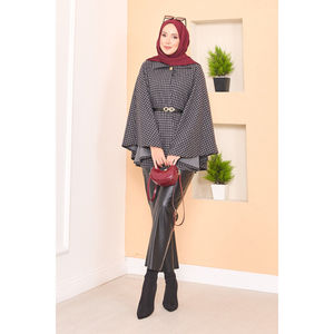 Anthracite Houndstooth Patterned Belted Hijab <b>Poncho</b> Woven Fabric - Product Image 3