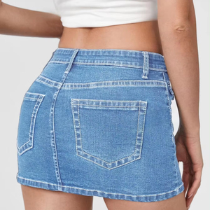 Femmes taille haute décontracté Denim Jean jupe courte délavé léger Type droit ourlet brut poche Y2K dame robe pour l'automne/été - Product Image 2