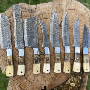 Juego de Ocho Cuchillos de Cocina de Acero de Damasco con Hoja de Acero al Carbono y Mango de Madera, Incluye Cuchillo para Pelar, Herramientas Imprescindibles para la Cocina - Product Image 3