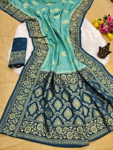 Sari long et tendance en tissu de soie doux et pur, avec un pallu riche et des broderies lourdes, avec un morceau de blouse, au prix de gros - Product Image 4