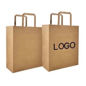 Eco Friendly Customized Take Out Fast Food Coffee To Go Brown Flat Handle Packaging Kraft Paper Bag Restaurant Carry Bag