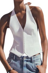 Oferta Especial: Top Halter Casual de Moda para Mujer, Blanco, Tejido Transpirable 100% Poliéster, con Bolsillos y Diseño Calado - Product Image 2