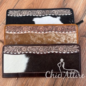 Boîte à bijoux de voyage en cuir repoussé à la main cheveux occidentaux sur peau de vache classique pays Western Buck point plat jeter boîte de rangement de bijoux - Product Image 1