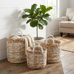 Juego de Cestas de Almacenamiento de Jacinto de Agua Tejidas a Mano Naturales con Asas Envolventes y Detalles Blancos, para Macetas, Lavandería y Decoración, Diseño de Arte Puro - Product Image 6