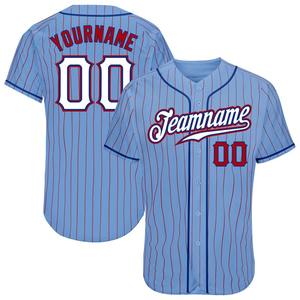 Ropa de equipo personalizada más vendida Camiseta de béisbol auténtica de color azul claro rojo a rayas blanco real - Product Image 1