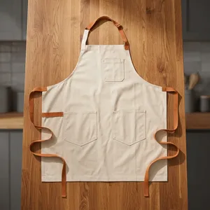 Tablier sans manches en toile crème et verte avec bretelles, 3 poches, lavable en machine, robuste, pour la cuisine et l'usage quotidien, style simple, tissé - Product Image 4