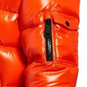 Veste matelassée pour hommes personnalisée en gros Capuche détachable Orange foncé brillant Fermeture à glissière multiple Col montant High Street Low quantité minimale de commande - Product Image 5