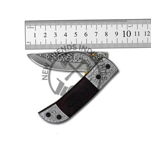 Couteau de poche en bois de rose fait à la main avec lame gravée en acier D2 manche en acier de traversin pliable personnalisable support ODM et OEM - Product Image 1