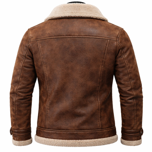Chaqueta de cuero con cuello de piel de oveja marrón, abrigo de cuero con cremallera para invierno, chaqueta de cuero para hombre, cuero genuino de alta calidad - Product Image 2
