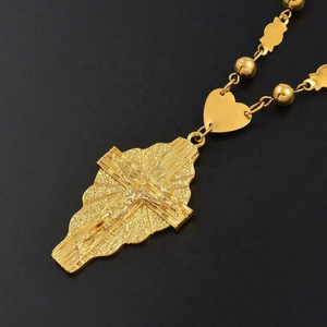 18k Gold Brass Christian <b>Cross</b> Pendant Ball Beads Chain Necklace with Zircon Long Chunky for Men Women Hawaii Micronesia - Product Image 6