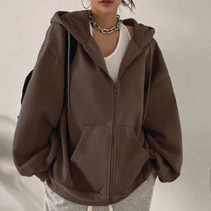Women Oversized <b>Brown</b> <b>Zip</b> Up <b>Hoodie</b> Cotton Fleece Jacket Full Zipper Drawstring Hood Loose Fit Drop Shoulder Casual Winter Wear - Product Image 1