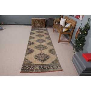 Alfombra Turca, Alfombra de Pasillo de 3.1x10.5 pies, Alfombra de Lana Marrón y Azul - Product Image 3