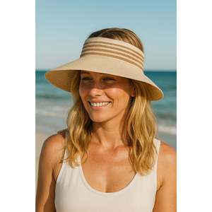 Beige Sun Protection Hat with Open Top Stripe Detail, Foldable <b>Straw</b> <b>Visor</b> Hat HSR2079 - Beige4 - Product Image 1