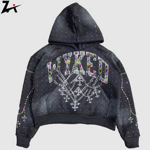 Sudadera con capucha desgastada con diamantes de imitación para hombres y mujeres Hip Hop bordado de letras sudadera informal de gran tamaño ropa de calle de moda - Product Image 1