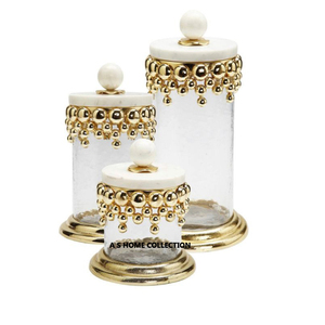 Transparent <b>Glass</b> Metal Base With Golden Lid Leafy Design Round Jar Canister Pairs Of 3 Decorative Ornaments Best Quality - Product Image 4