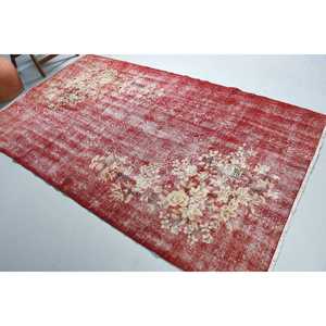 Vintage Rug, 4.9x8.4 ft Turkish Rug, <b>Red</b> White Camouflage <b>Wool</b> Rug - Product Image 1