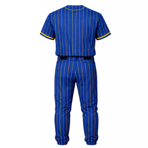 Ensemble de maillot et pantalon de baseball personnalisé sublimé, bleu royal avec rayures multicolores, maillot à boutons complets et passepoil jaune - Product Image 3