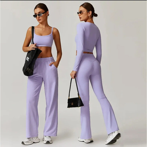 Nouvel ensemble de yoga pour femmes de haute qualité Nouveau style avec fermeture à la taille élastique à motif écossais respirant - Product Image 4