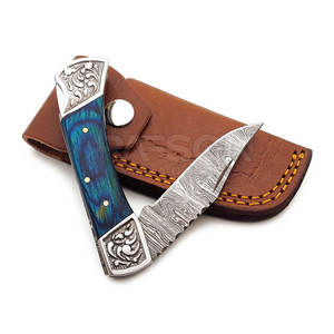 Couteau de poche pliant personnalisé fait à la main en acier Damas avec manche en bois de qualité supérieure gaine en cuir support OEM disponible - Product Image 4