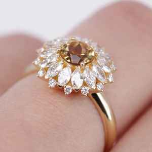 Anillo Halo Sunburst de oro de 14K, anillo de diamante de corte redondo y marquesa cultivado en laboratorio amarillo champán, joyería fina para regalo de fiesta perfecto - Product Image 6