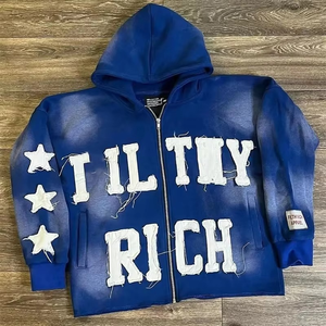 Sweat à capuche streetwear homme brodé personnalisé polaire vierge avec fermeture éclair Vintage double couche lavage à l'acide sweats à capuche délavés au soleil pour hommes - Product Image 5