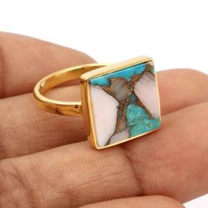 Women's Fine Jewelry-Solid 925 Sterling Silver 18K Gold-Plated Mohave Turquoise Pink <b>Opal</b> Copper Square 12mm Bezel Setting <b>Ring</b> - Product Image 4