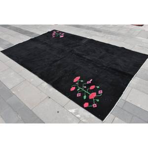 Alfombra Moderna Negra y Roja de Lana Ecológica de Pelo Medio, 6.3 x 9.9 pies, Tejido Plano, Diseño Turco de Patchwork, Base de Látex para Comedor - Product Image 2