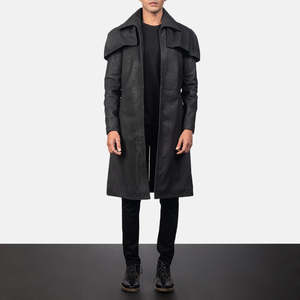 Classic Distressed Black Leather <b>Duster</b> Men's Coats - Product Image 1
