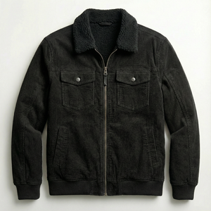 Chaqueta Bomber de Pana Negra Vintage para Hombre, Talla Grande, Personalizada OEM, con Cuello Sherpa, Forro Polar Grueso, Puños Acanalados de Lana para Invierno - Product Image 1