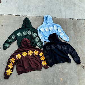 Ensemble survêtement vintage pour homme personnalisé en usine, sweat-shirt 100% coton, sweat-shirt à capuche court brodé, ensemble jogging avec patch floral appliqué - Product Image 2