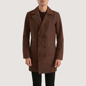 Manteau trench-coat homme en cuir véritable marron, double boutonnage, revers cranté, longueur genou, vêtement d'extérieur - Product Image 1