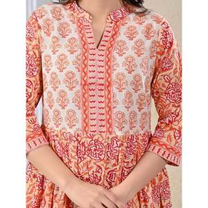 Conjunto de Kurta y Pantalón de Algodón Étnico Elegante para Mujer, Estampado Floral Jaal Amarillo y Rojo, Ropa de Fiesta para Ocasiones Especiales - Product Image 2