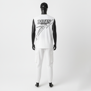 Ensemble de 2 pièces pour homme : t-shirt sans manches en coton et polyester de qualité supérieure, blanc, et pantalon cargo jogger, impression sérigraphique, logo personnalisé - Product Image 3