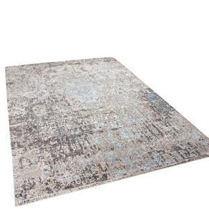 Tapete de salón de diseño moderno, Alfombra de seda de bambú anudada a mano, azul y amarillo - Product Image 1