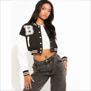 Chaqueta bomber de béisbol universitaria recortada personalizada para mujer, superventas, piel de oveja, cuero, lana, algodón, relleno, lentejuelas transpirables - Product Image 2