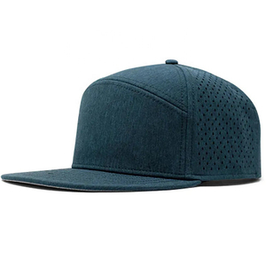 Compre al por mayor gorras trucker personalizadas de alta calidad, impermeables, de 5 paneles, con orificios cortados a láser y visera plana. - Product Image 4