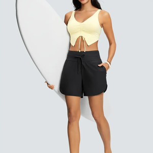 Short en coton extensible pour femme avec capuche à cordon de serrage Couleur unie Vêtements de sport de fitness et d'entraînement écologiques Style décontracté - Product Image 5