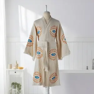 Bata de Baño Unisex de Algodón Ligero, Tejido de Lino, Secado Rápido, Transpirable, Primavera Verano, Color Liso, Talla XL, Hecho en Turquía, Ropa de Dormir y Descanso - Product Image 4