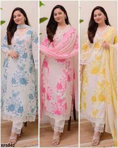 ชุด kurti ผ้าฝ้ายเรยอนลายดอกไม้แบบพรีเมี่ยมสามชิ้นพร้อมกางเกงตรงมีรายละเอียดลูกไม้และเทศกาลสำนักงานลำลอง - Product Image 2