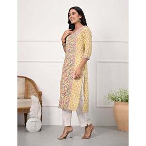 Yellow Jaal <b>Block</b> <b>Printed</b> Straight Kurti Traditional Indian Ethnic Cotton Straight Dress for Daily Wear Parties Floral Rayon - Product Image 3