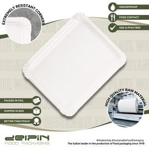 Assiettes en papier jetables rectangulaires blanches écologiques biodégradables recyclables personnalisables fabriquées en Italie, revêtement de qualité alimentaire, usage commercial - Product Image 2