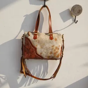 LW Hand Tooled Floral Print Cowhide Fur Leather Tote Bags Western Stylish Evening Bag And Tooled Clutch <b>Unique</b> Combo - Product Image 1