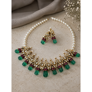 Conjunto de Collar de Perlas Kundan con Engaste de Garras Clásico de Lujo para Mujer, Joyería Nupcial con Piedra Verde, Conjunto de Boda Polki Chapado en Oro Claro - Product Image 3